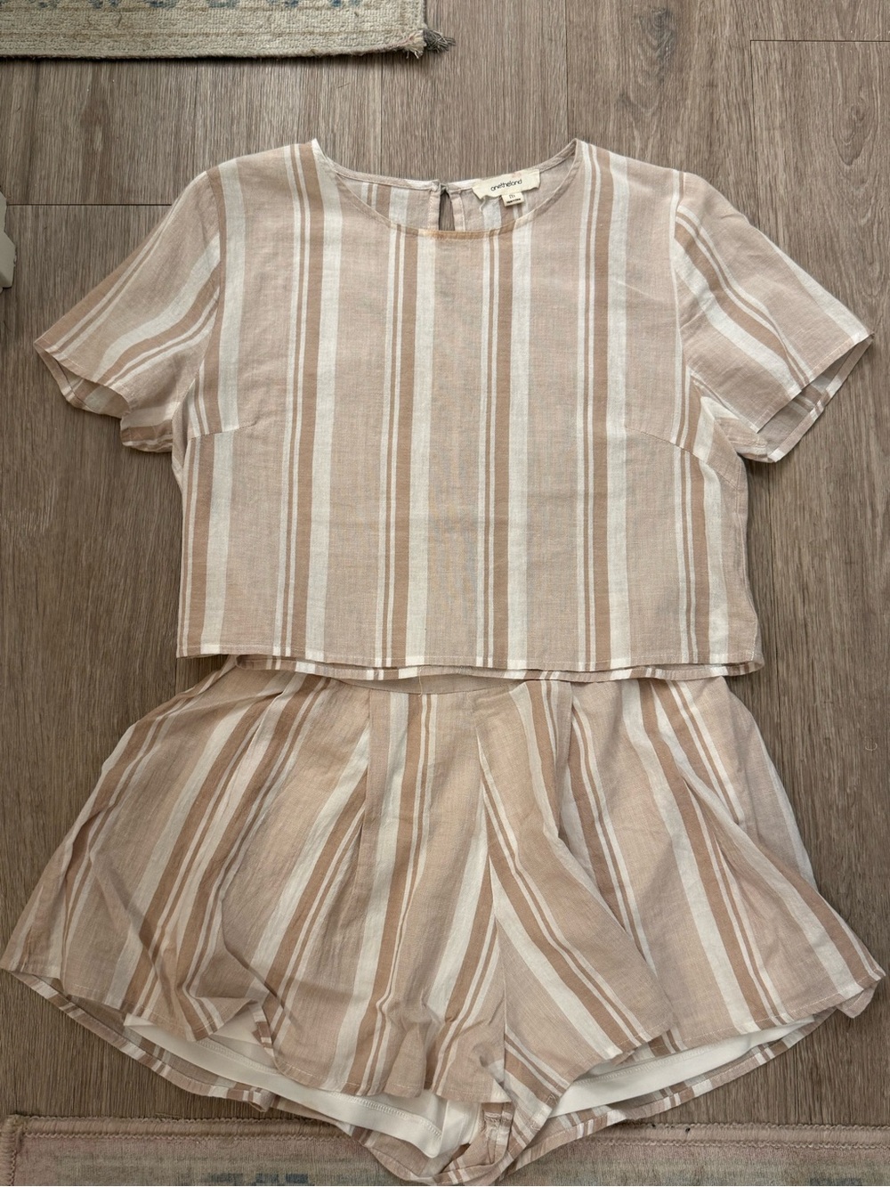 Striped Linen Two-Piece Top & Shorts Set — Beige & White